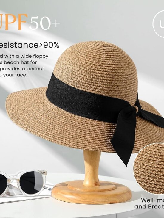 Women\'s Beach Sun Straw HatsUPF 50+ UV Sun Protection Wide Brim C Khaki main image 7